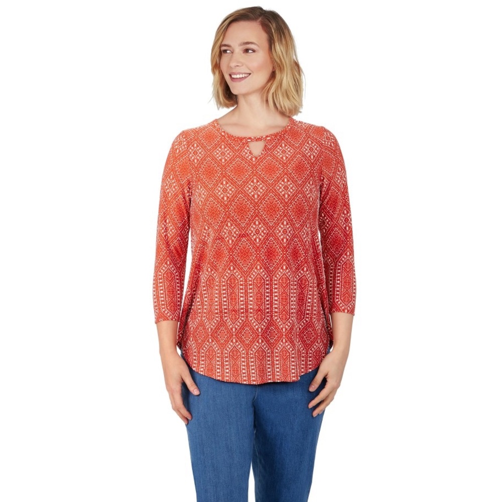 Ruby Rd. Diamond Puff Print Tunic Top 2X Red White Boho Keyhole Neckline